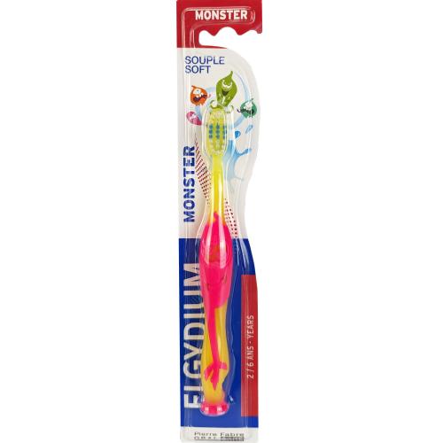 Elgydium Monster Soft Toothbrush 2/6 Years Ροζ - Κίτρινο Χειροκίνητη Οδοντόβουρτσα με Απαλές Ίνες για Πλήρη Καθαρισμό για Παιδιά από 2 έως 6 Ετών 1 Τεμάχιο